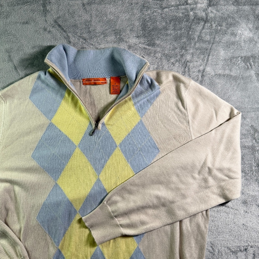Sette Ponti Argyle Italy Sweater Quarter Zip Pullover Knitwear Pastel Mens LRG